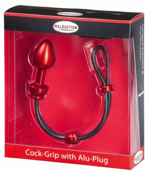 MALESATION Cock-Grip with Alu-Plug large, red - pierścień erekcyjny