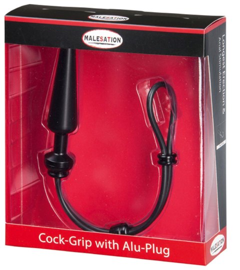 MALESATION Cock-Grip with Alu-Plug medium, black - pierścień erekcyjny