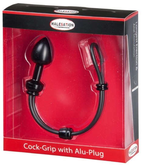 MALESATION Cock-Grip with Alu-Plug small, black - pierścień erekcyjny