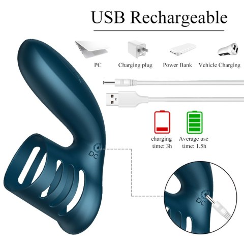 Wibrator-Silicone Ring Blue USB 7 Function - Wibrujący pierścień erekcyjny