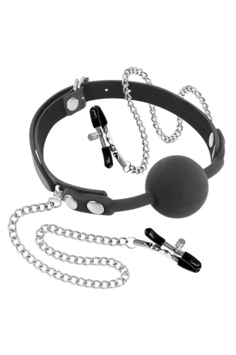 GAG NIPPLE CLIPS BLACK - Knebel z kulką i zaciskami na sutki