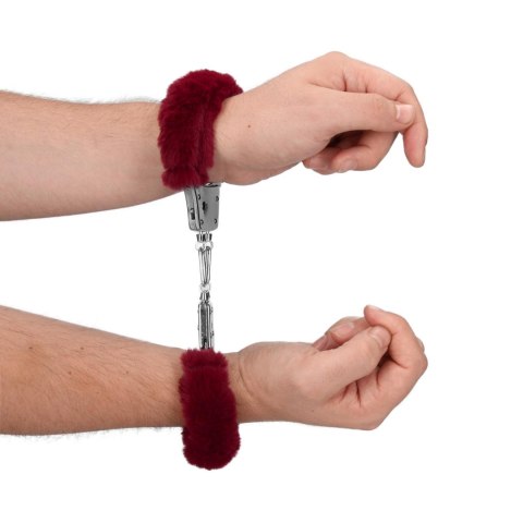 Furry Metal Hand Cuffs - Red - Kajdanki z futerkiem