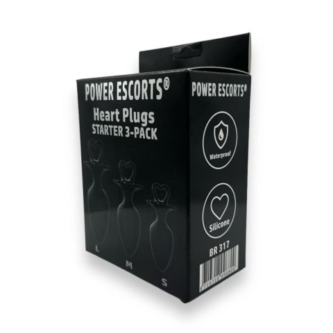 Power Escorts - Heart Plug Anal Starter 3-Pack - S, M & L - Black - quality Silicone - Colour box