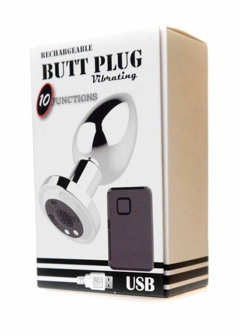 Stymulator-Rechargeable Butt Plug Vibrator USB 10 Functions - Silver - WIbrujący korek analny na pilota