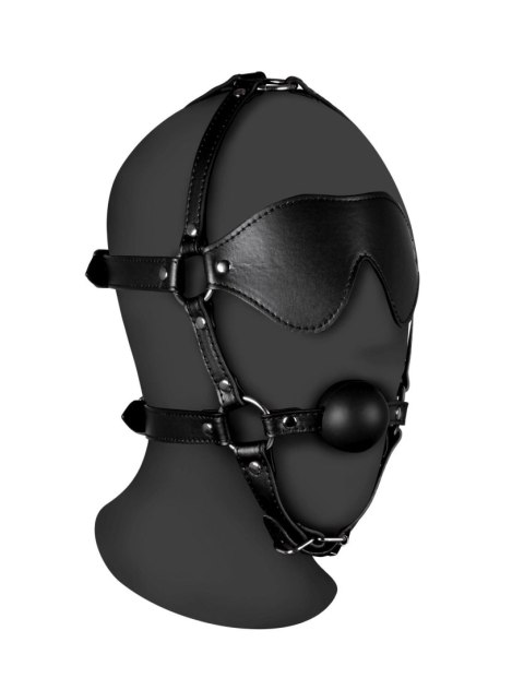 Blindfolded Head Harness with Solid Ball Gag - Black - uprząż na głowę z kneblem