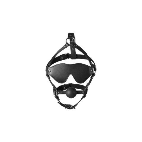 Blindfolded Head Harness with Solid Ball Gag - Black - uprząż na głowę z kneblem