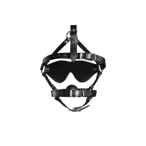 Blindfolded Head Harness with Solid Ball Gag - Black - uprząż na głowę z kneblem