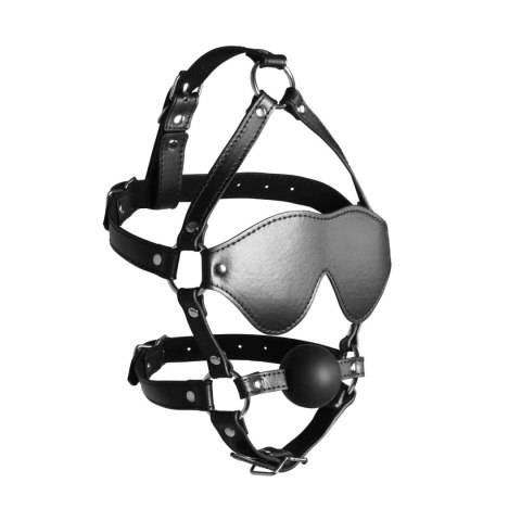 Blindfolded Head Harness with Solid Ball Gag - Black - uprząż na głowę z kneblem