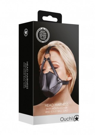 Head Harness with Mouth Cover and Solid Ball Gag - Black