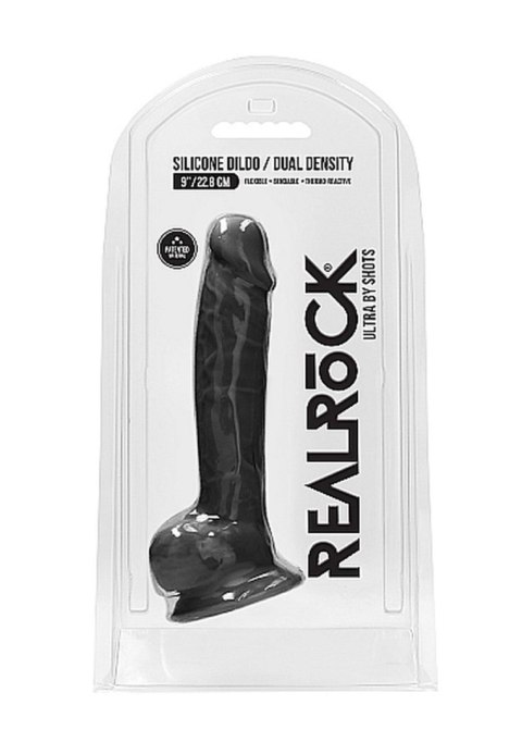 Silicone Dildo With Balls - 22,8 cm - Black - Czarne realistyczne dildo